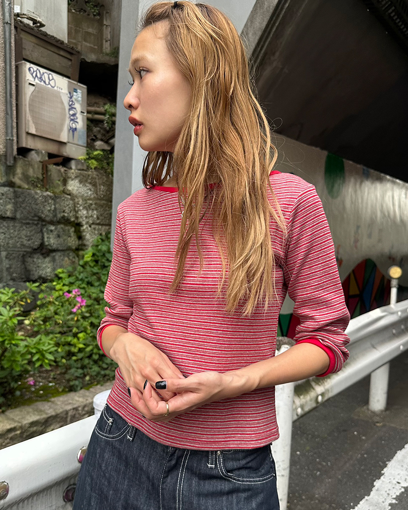 ボーダースラッシュネッククロップドスリーブTシャツ