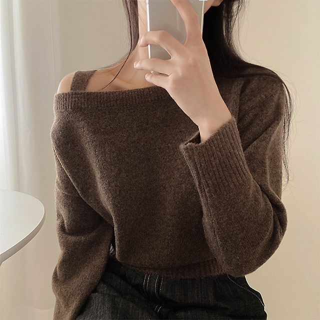 ワンショルダーアシンメトリーデイリー長袖ニット | ファッション通販