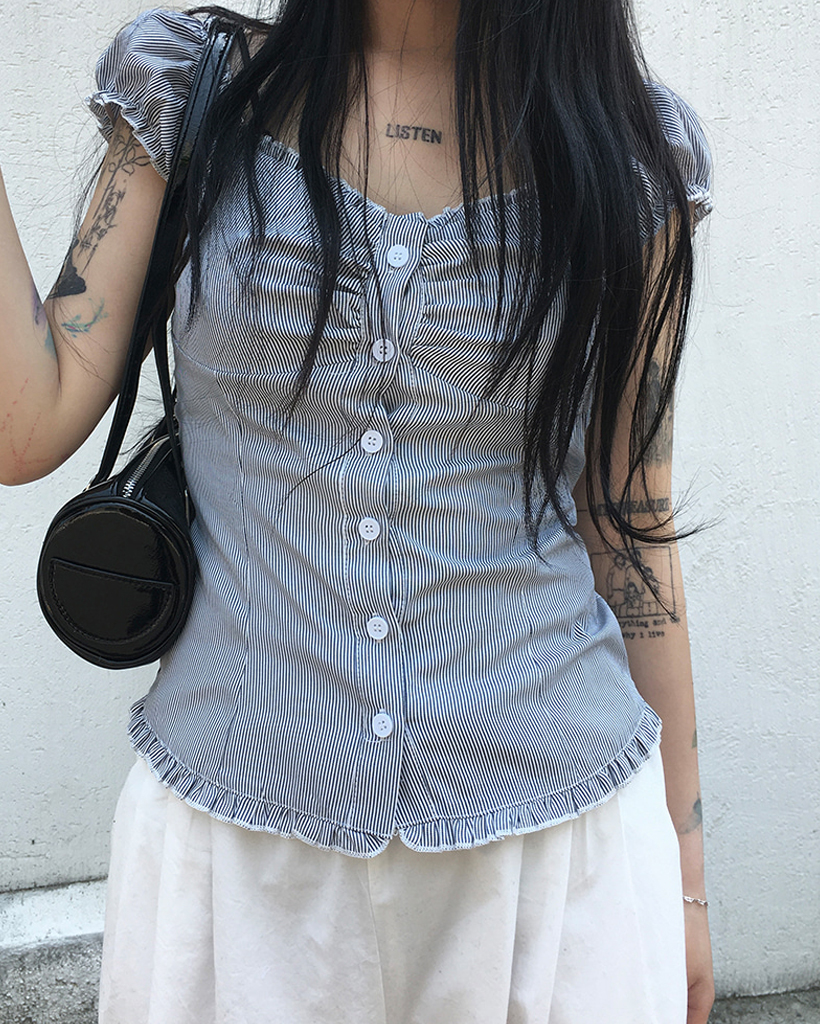 original]ブルー ストライプ シャーリング ブラウス