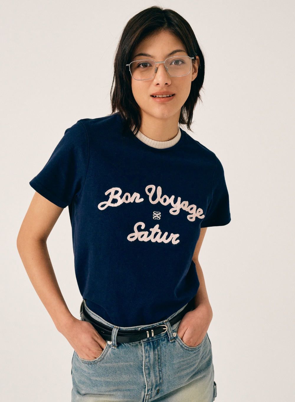 W) Satur Logo Voyage T-Shirt - Navy Pink | ファッション通販