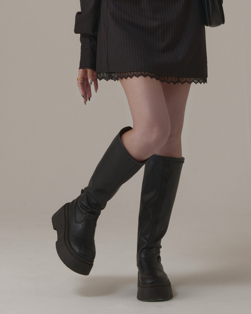 プラットフォームブラックロングブーツ | ファッション通販