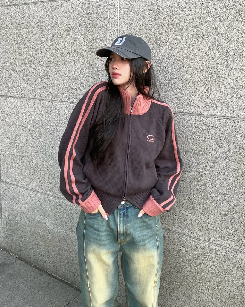 Sporty Track Semi Crop Knit Zip-Up - CHARCOAL | ファッション