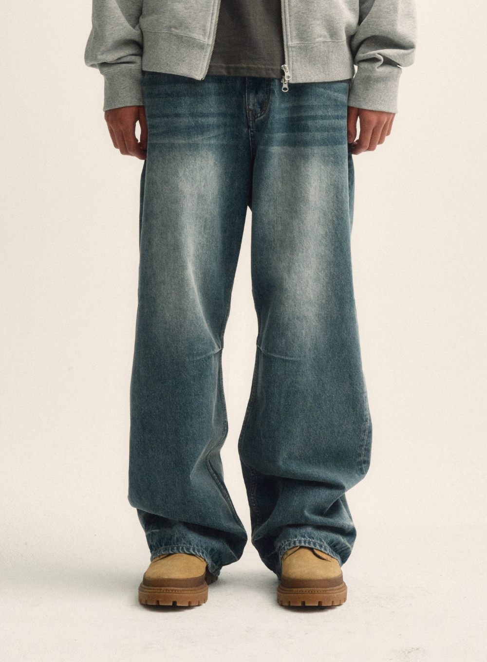 Crease Hemline Wide Denim Pants - Union Washed