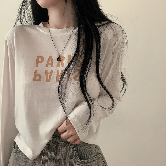 プリントラウンドセミクロップド長袖Tシャツ