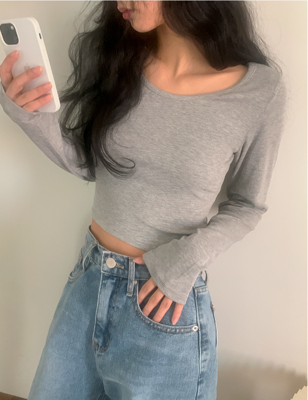 スパンリブUネックセミクロップドTシャツ