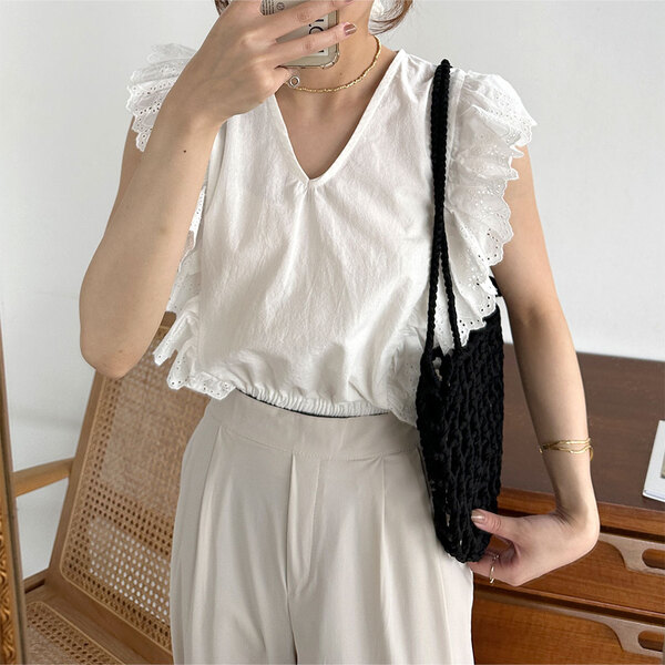 Vネックスカラップレースニット（ホワイト） KOEISTORE ニットトップス レディース 春 夏 春夏 黒 白 Vネック