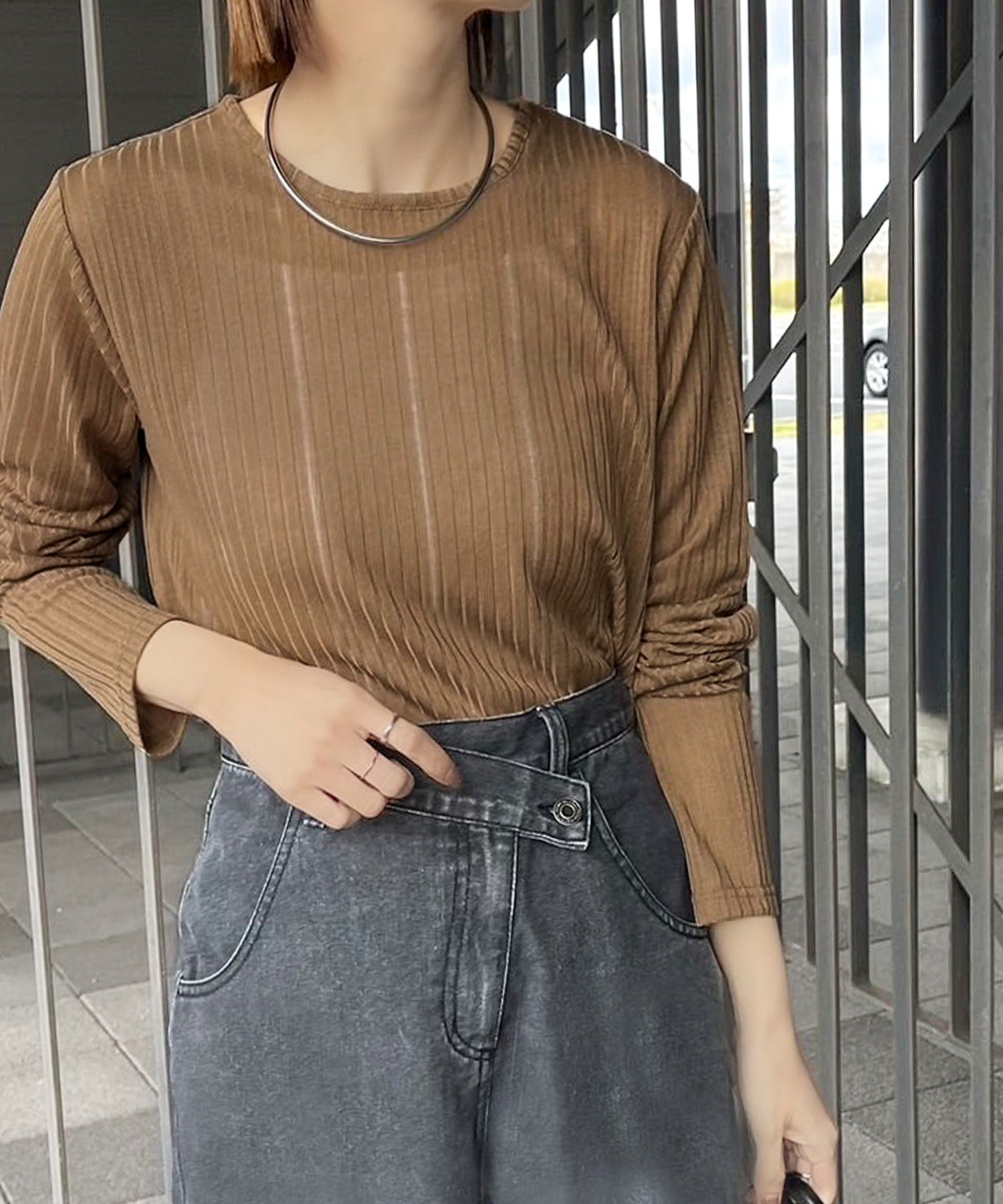 ゴルチエ　透け感　トップス sayo×クラシカルエルフコラボ》透けるたびに、細見え。ストライプ