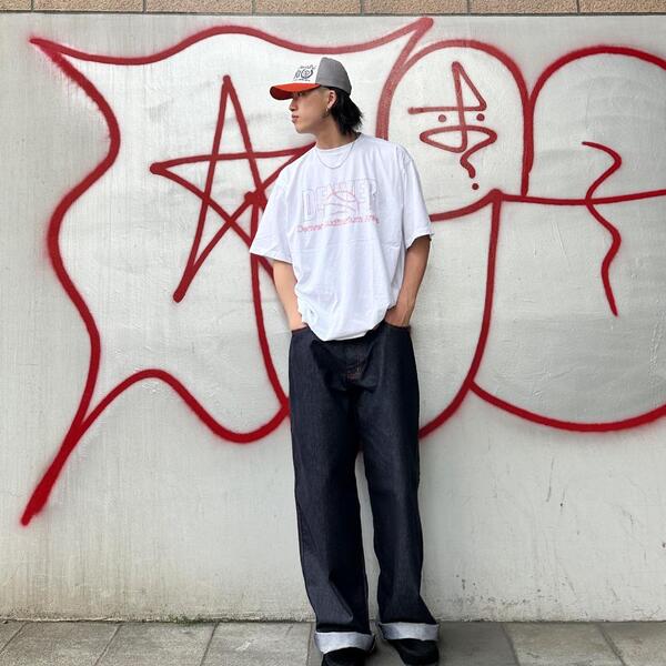 希少 evisu デニム ハンチング ステッチ赤 9001赤耳セルビッジワイドデニムパンツ グレーペンキステッチ