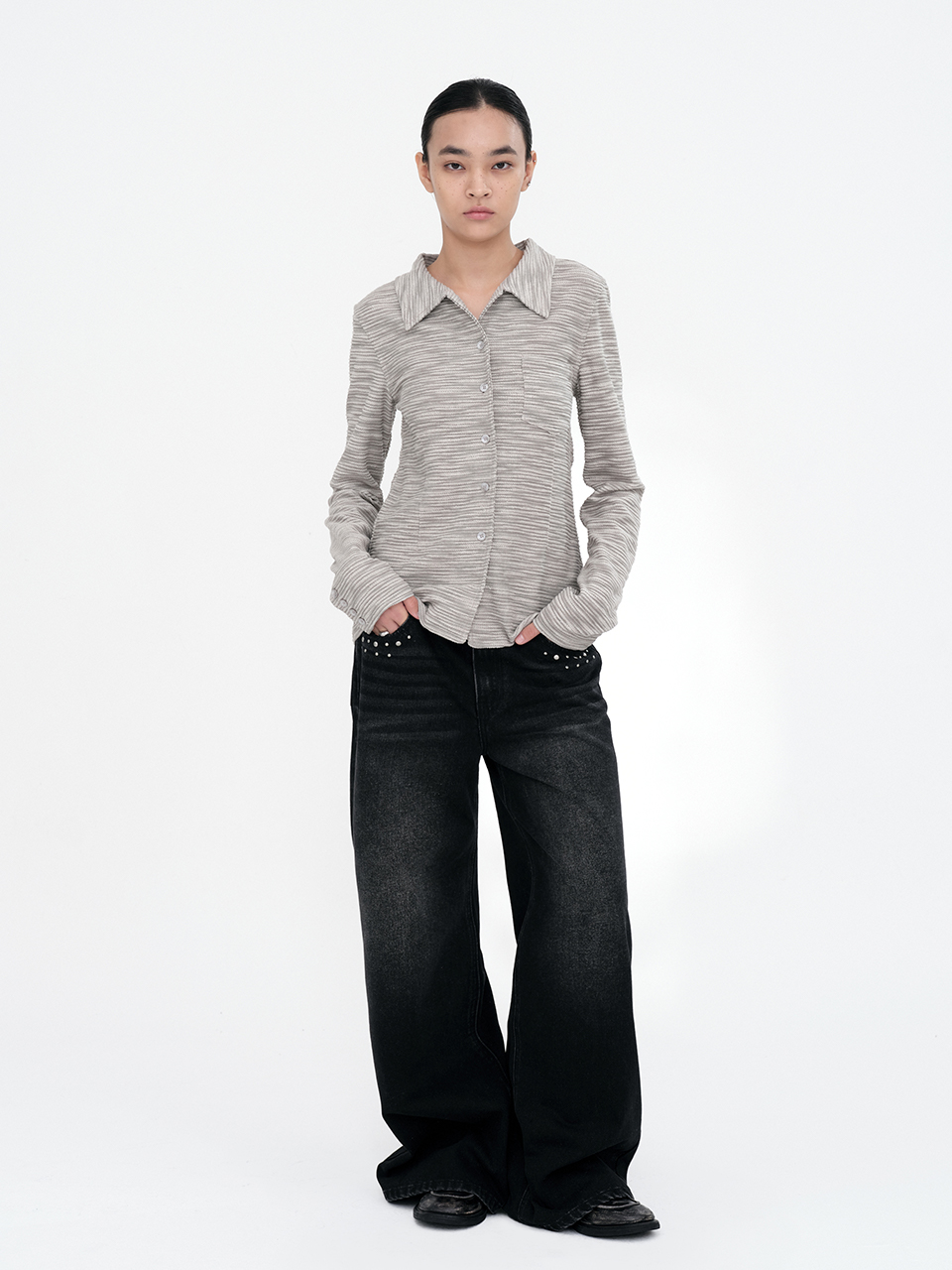 Stud Wide Jeans [Black]