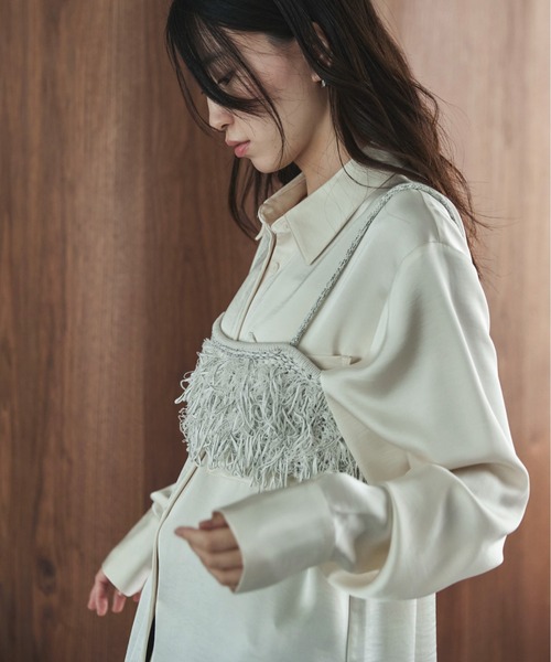 【OFF WHITE】フェザーフリンジニットビスチェ feepur（フェピュール） 「ハンドウォッシャブル」フリンジニット