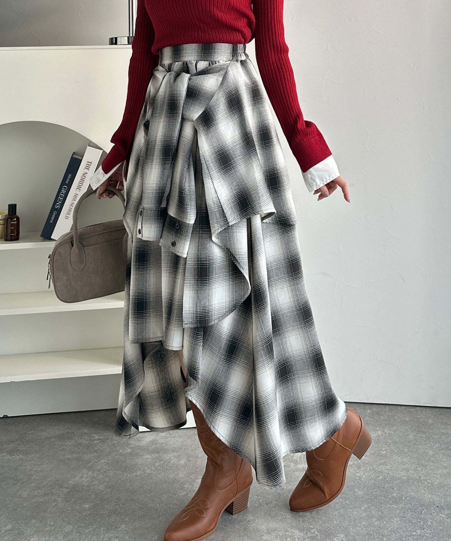 チェック柄プリーツスカート mily bilet】旬のレイヤード風スタイルが楽しめる！シャツ巻き風