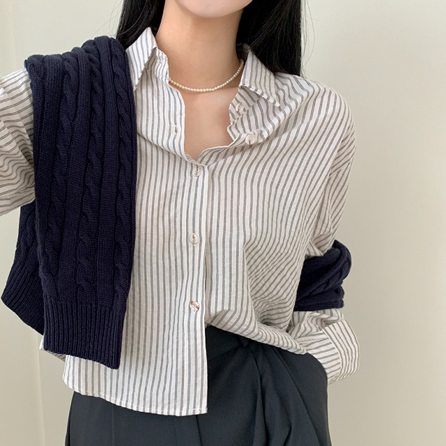 [4color] ハニーオーバーフィットストライプクロップドシャツ