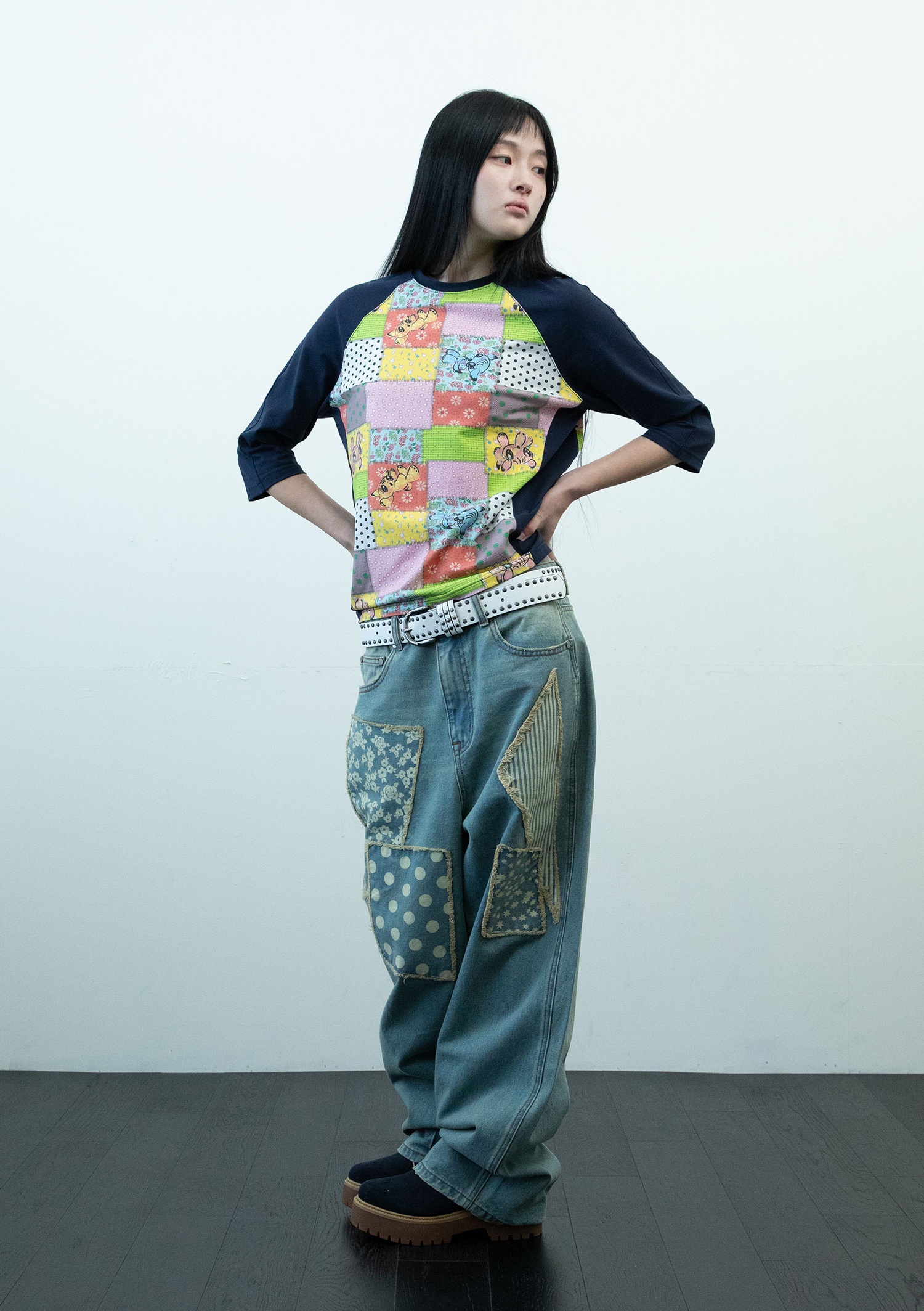 pattern patchwork wide denim pants[blue]