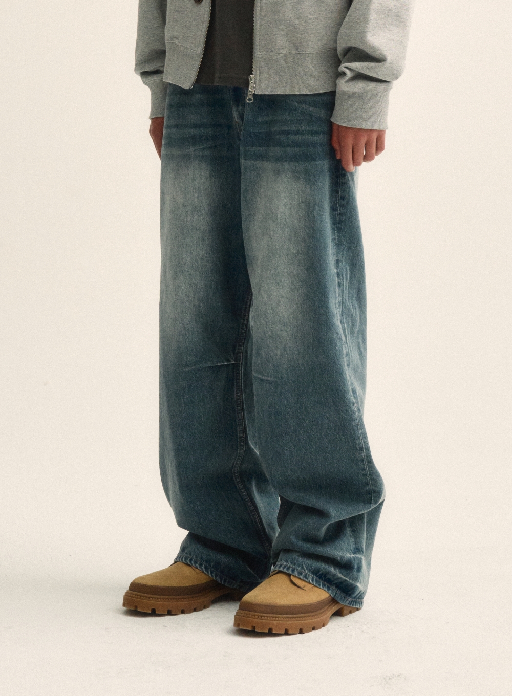 Crease Hemline Wide Denim Pants - Union Washed