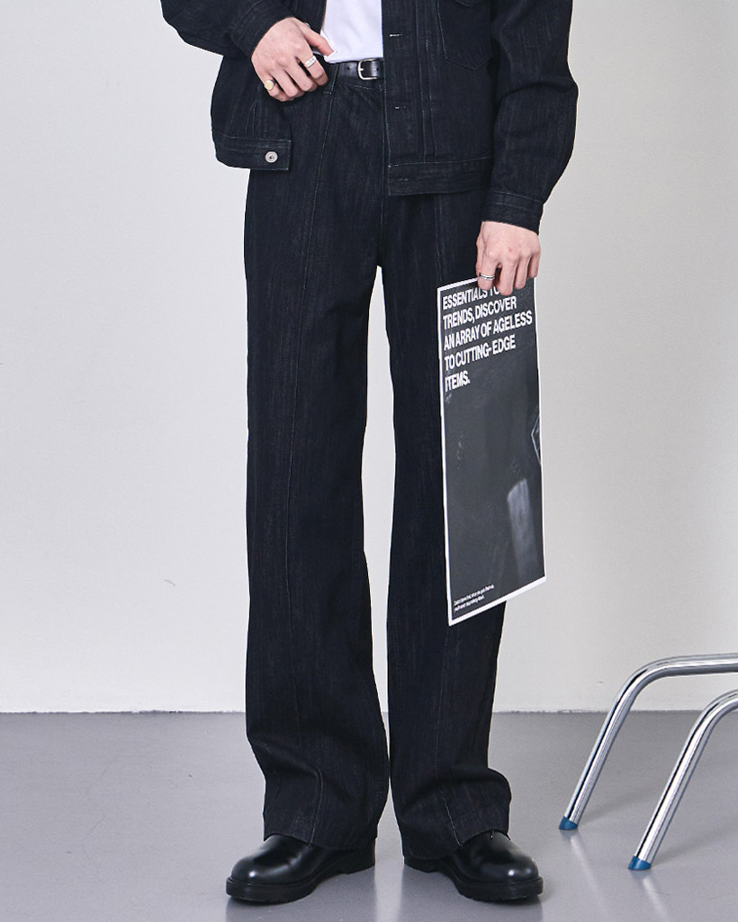 (ORIGINAL) ピンタックストレートデニムパンツ (deep black)