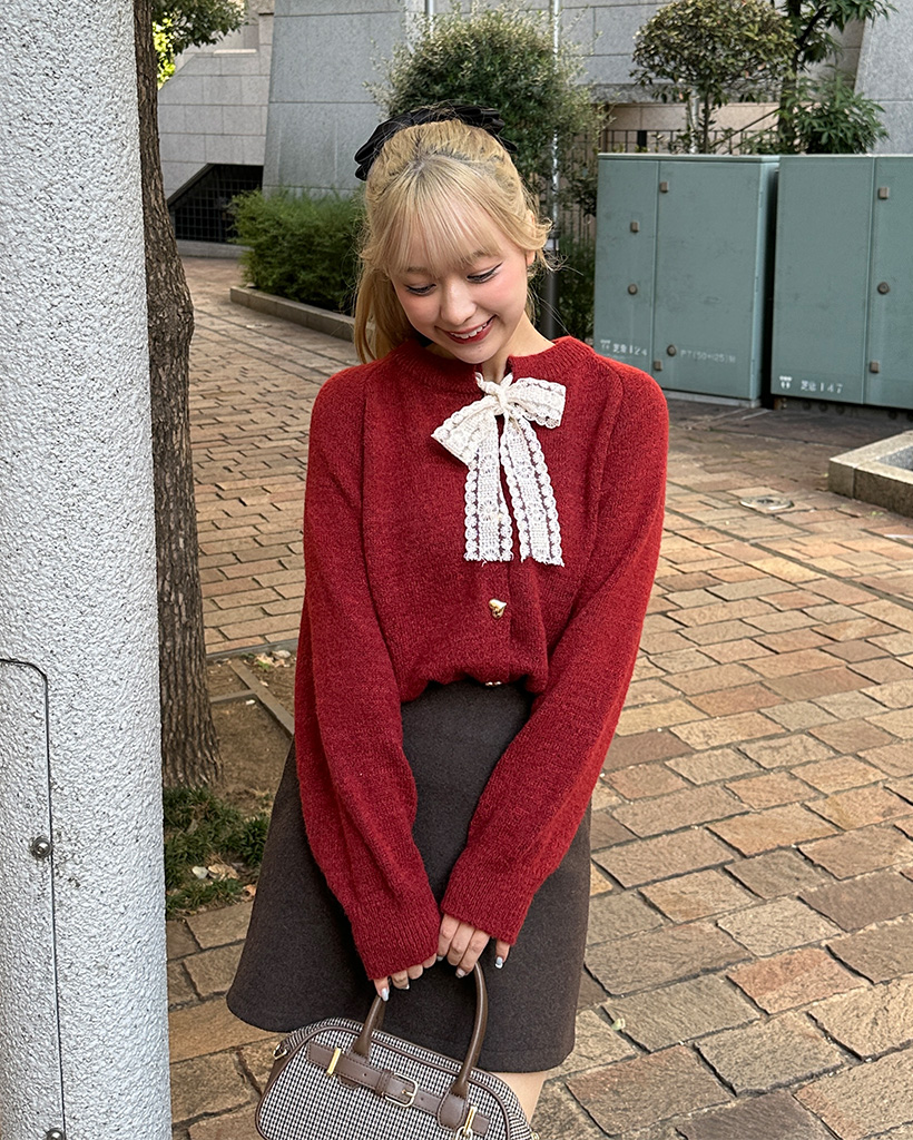 レースリボンハートゴールドボタンカーディガン