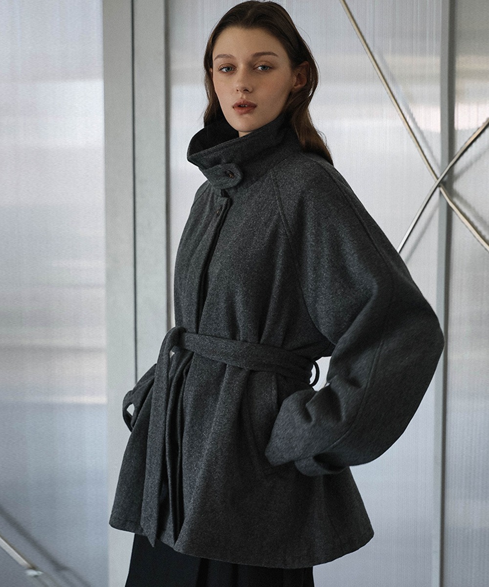 Belted High-Neck Half Coat [Charcoal]