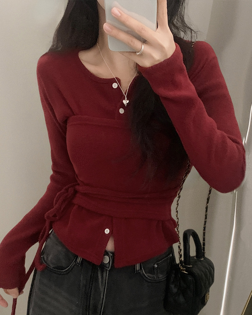 (set) (3 color) 裏起毛 リボン レイヤード セットアップ