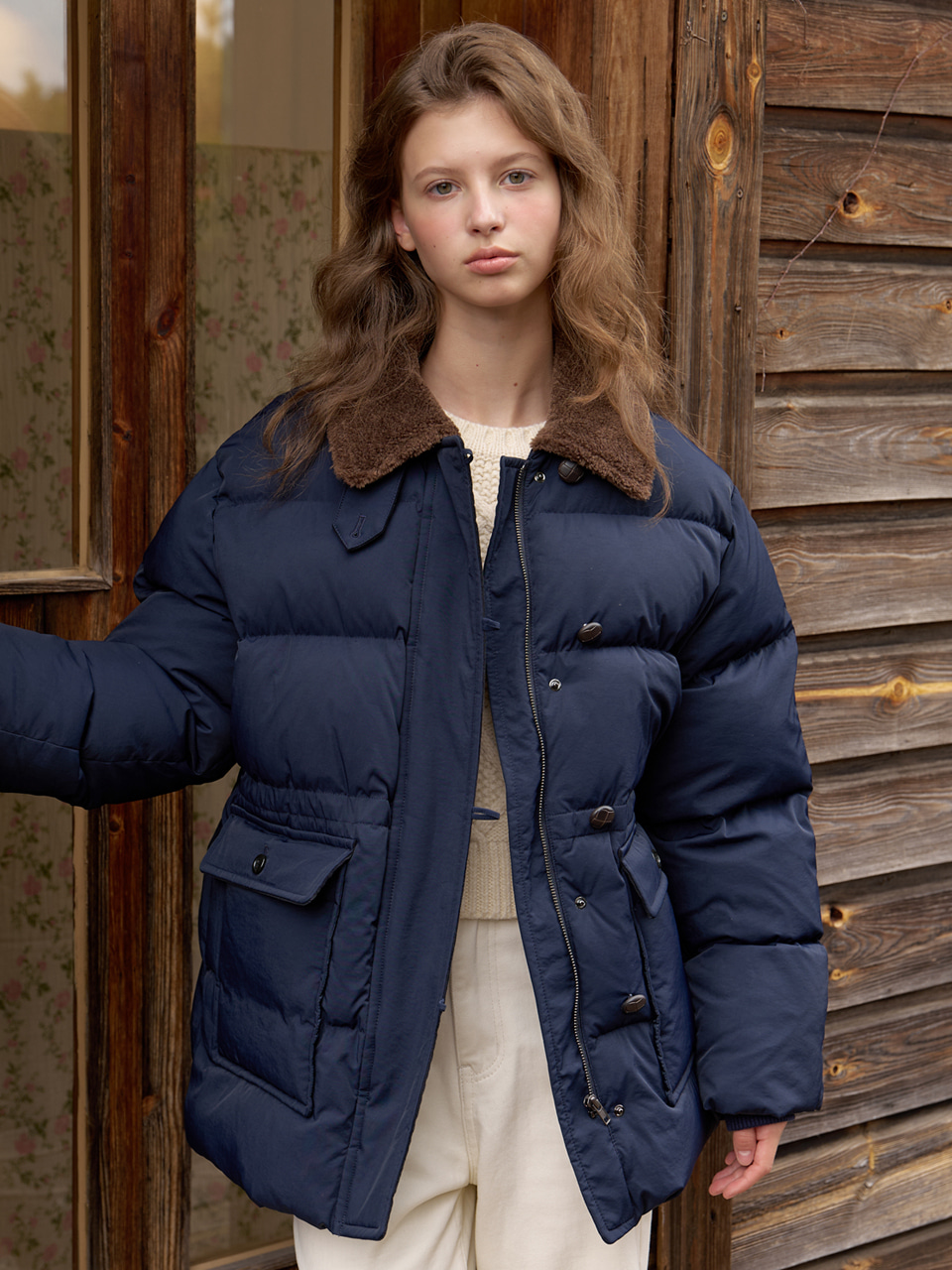 A FUR COLLAR DUCK DOWN HALF PADDING_NAVY