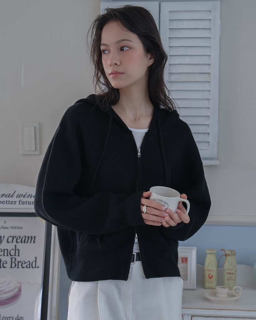 Two-way Hood Zip-up Knit [Black] | ファッション通販サイト NUGU