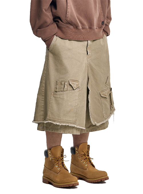 Washed Layered Cargo Skirt Shorts [BEIGE]