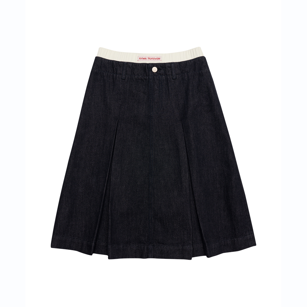DENIM PLEATS MIDI SKIRT DEEP BLUE