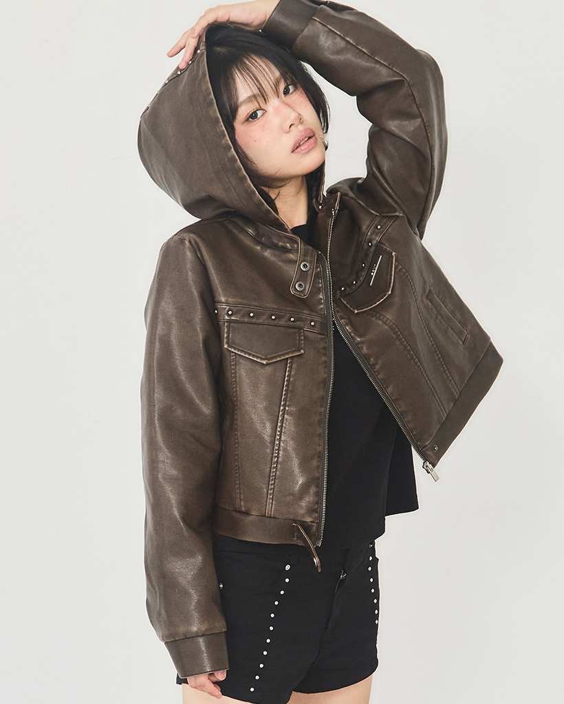 [Kアイドル着用] Track Leather Hoodie Jacket Brown