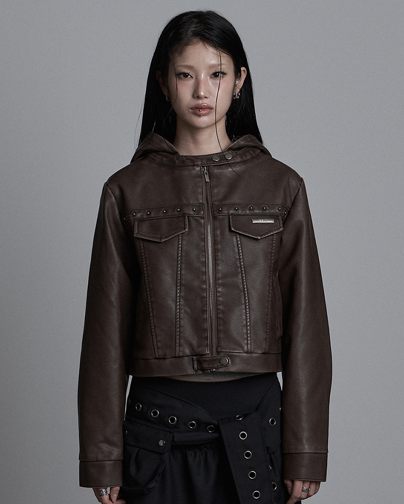 [Kアイドル着用] Track Leather Hoodie Jacket Brown