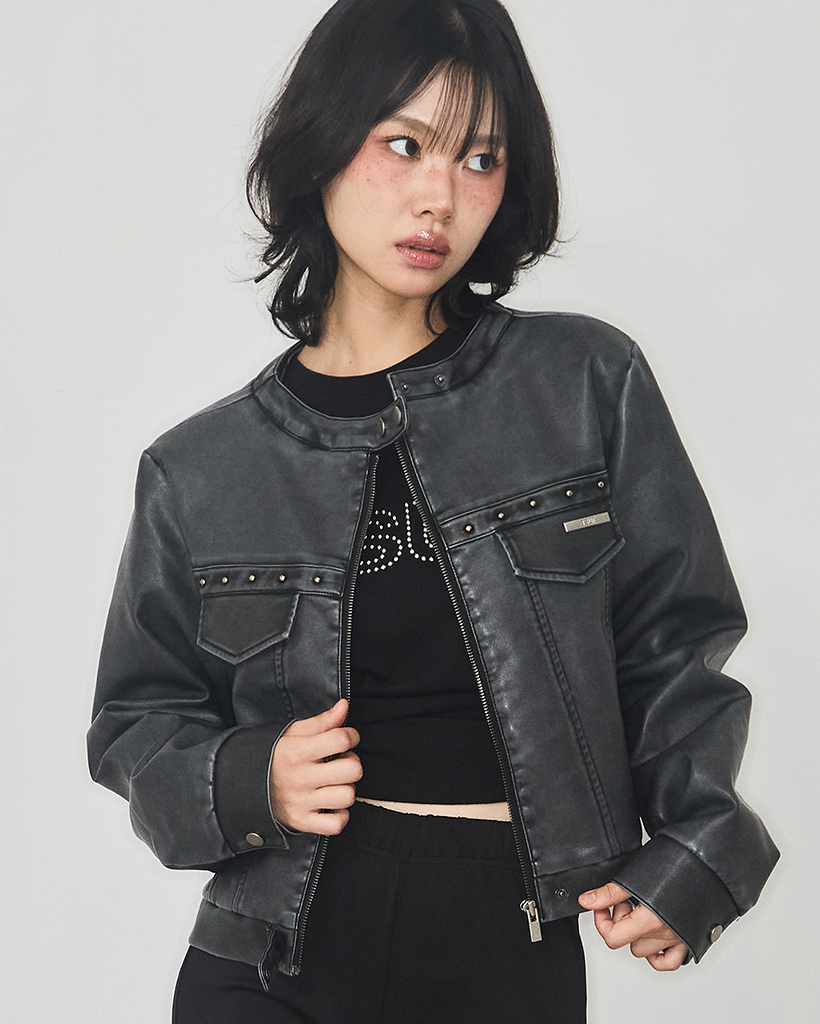 [Kアイドル着用] Track Leather Hoodie Jacket Charcol