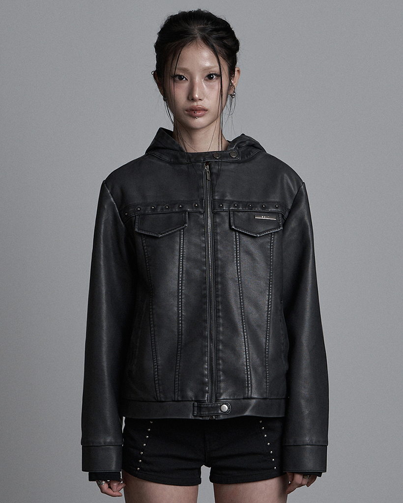 [Kアイドル着用] Track Leather Hoodie Jacket Charcol