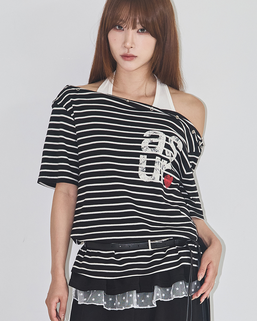 トップス s/e/o OFF-SHOULDER STRIPE T-SHIRT OFF-SHOULDER STRIPE T-SHIRT RED - s/e/o