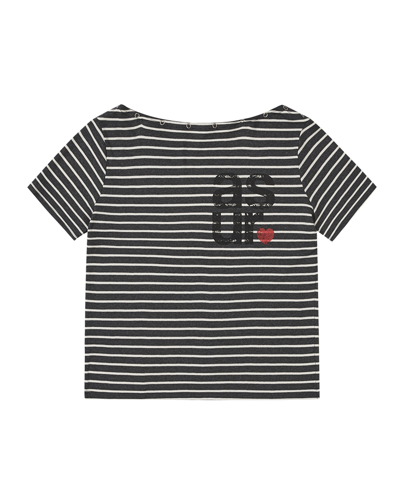 Striped Off-Shoulder T-Shirt Charcoal | ファッション通販