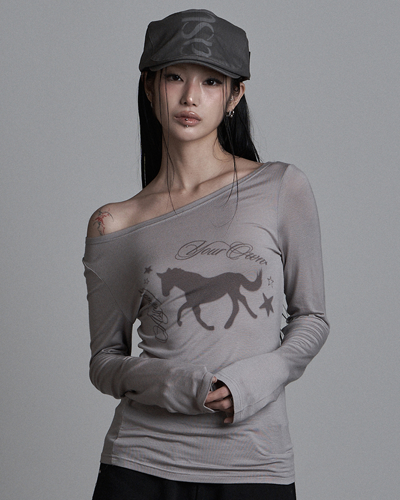 HORSE BOAT NECK LONG SLEEVE DARK GREY