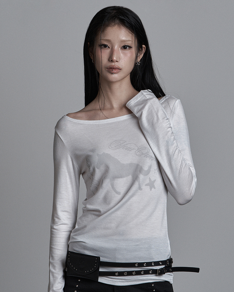 HORSE BOAT NECK LONG SLEEVE WHITE