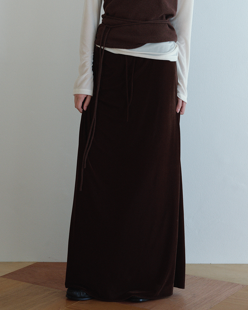 [8th] Velvet Silky Long Skirt_Brown