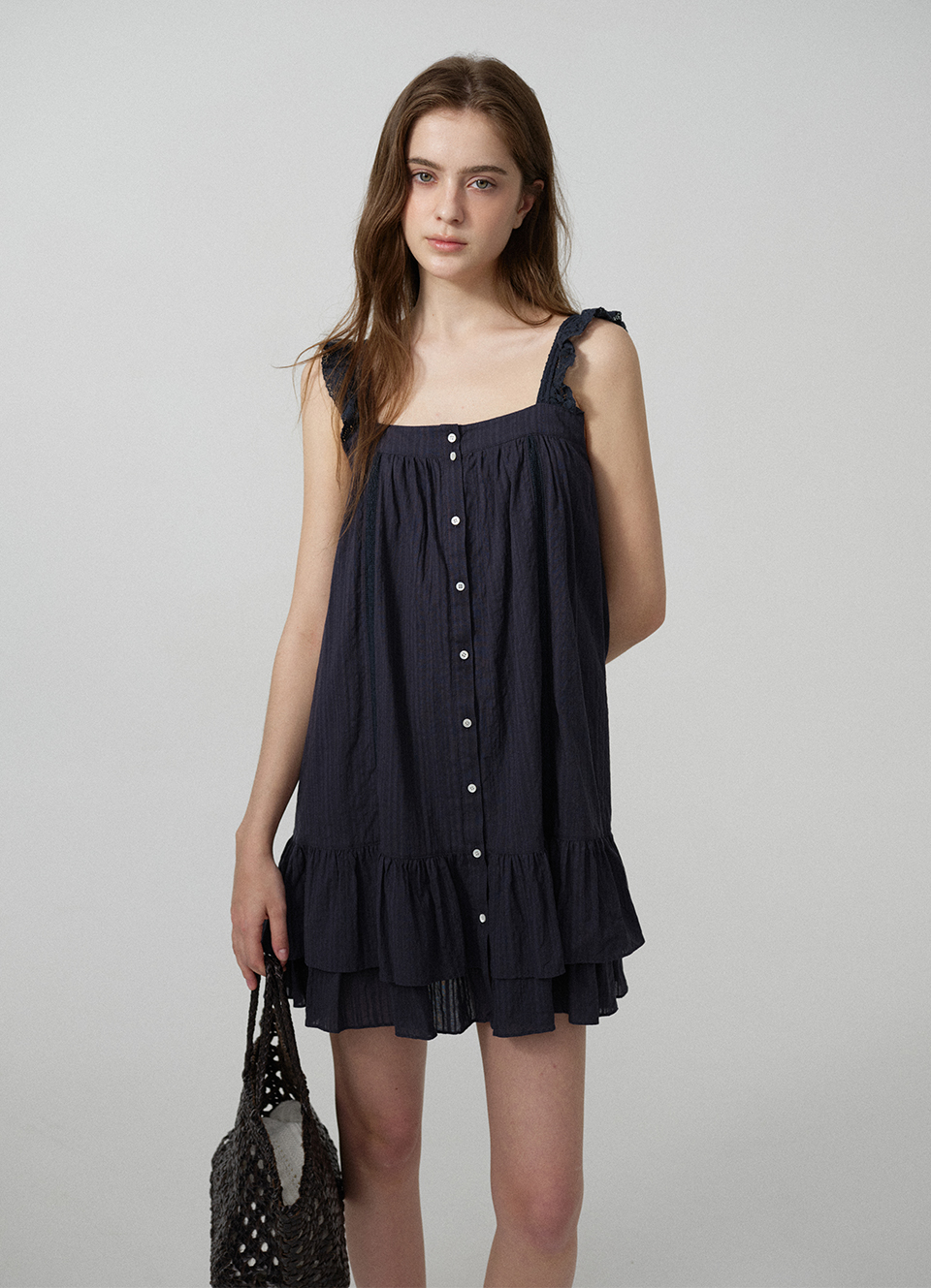 Ain Ruffle Square Neck Dress_Navy