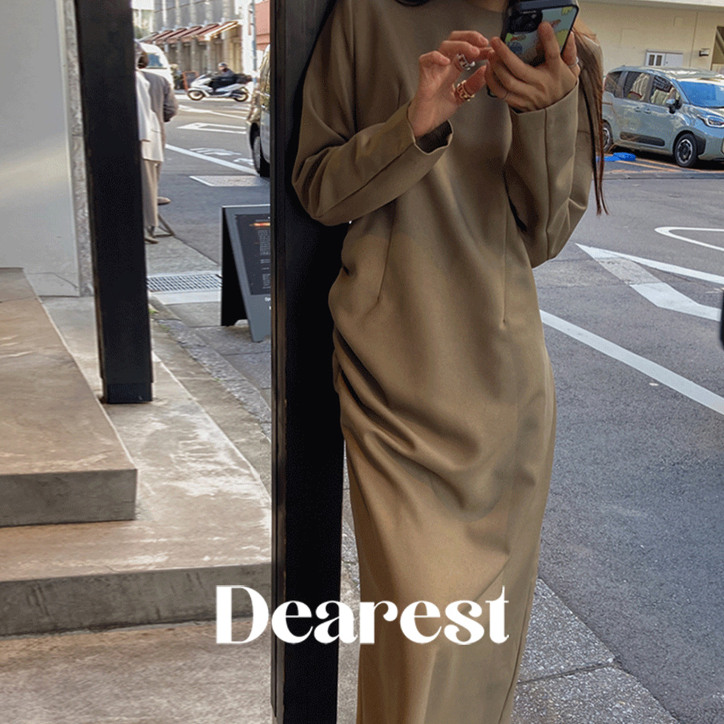 MUTA 黒/ベージュ 長袖ワンピース Dearest] Aliciaラウンドネックロングワンピース(モカベージュ