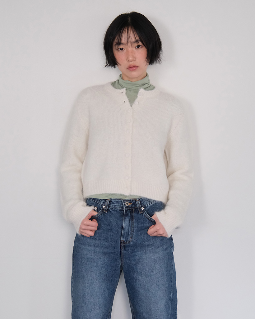moui Alpaca slit ribbon knit cardigan (IVORY)