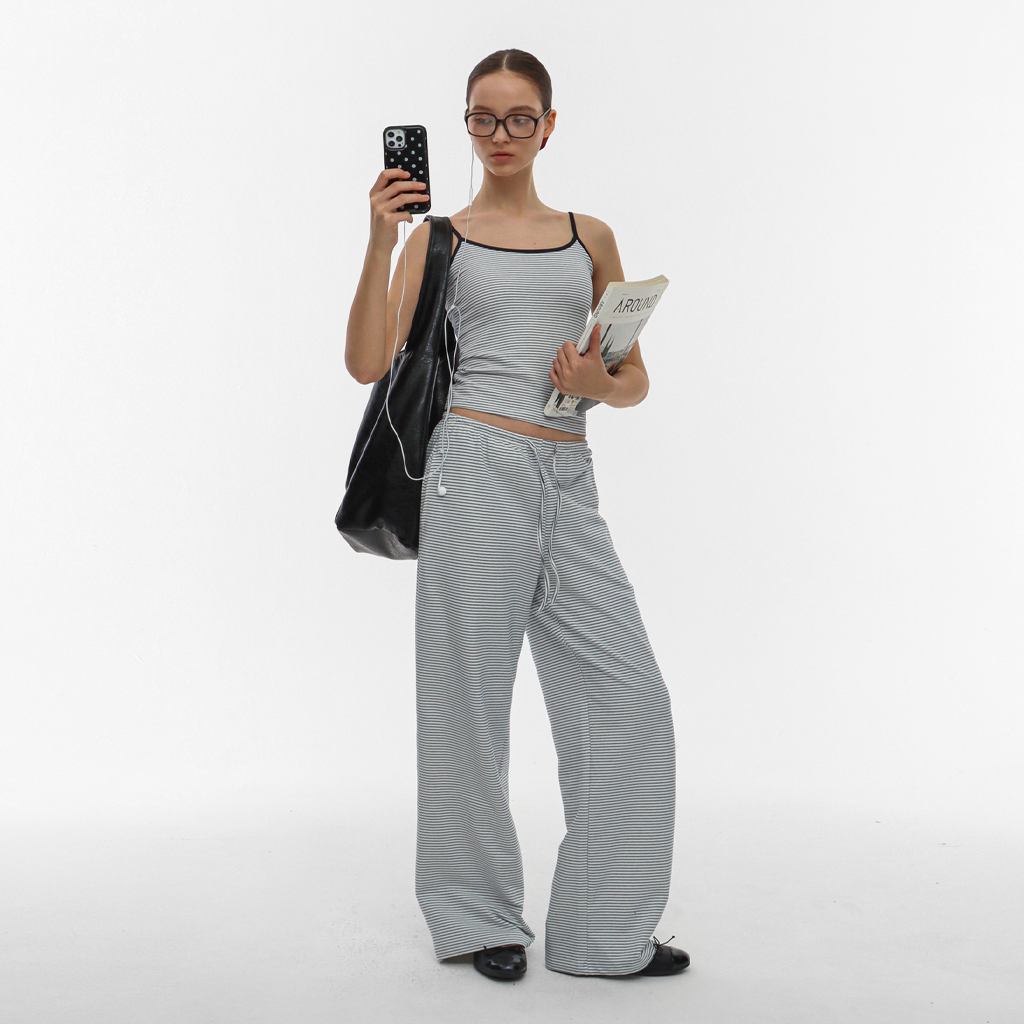 B-BASIC] ストライプワイドバンディングパンツ | ファッション