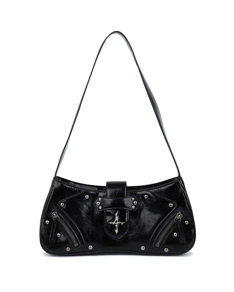 Glossy Stud Shoulder Bag - Black