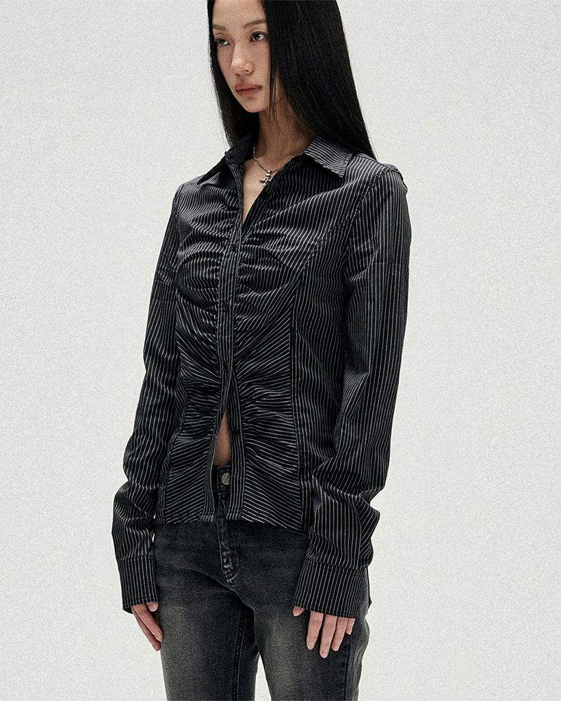 W Front Shirring Shirt - Black