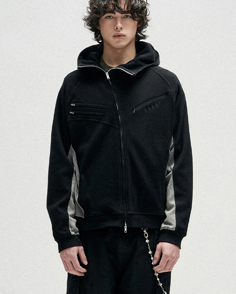 Diagonal Rib Panel Hood Zip Up - Black