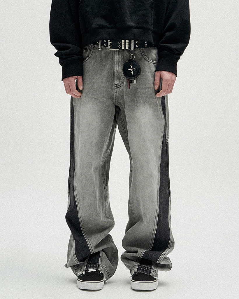 Two Tone Curved Denim Pants - Black