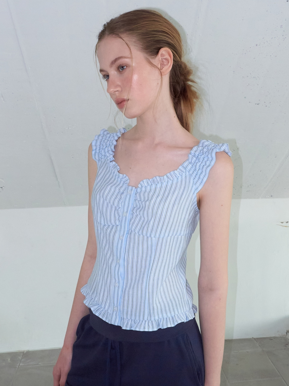 Stripe Shirring Blouse, Blue