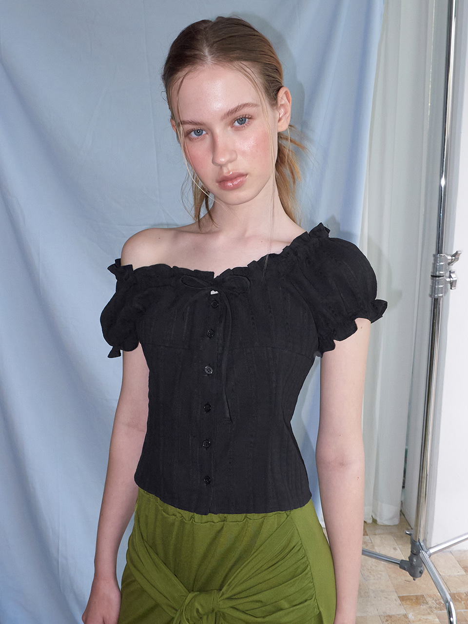 Frill Neck Strap Blouse, Black