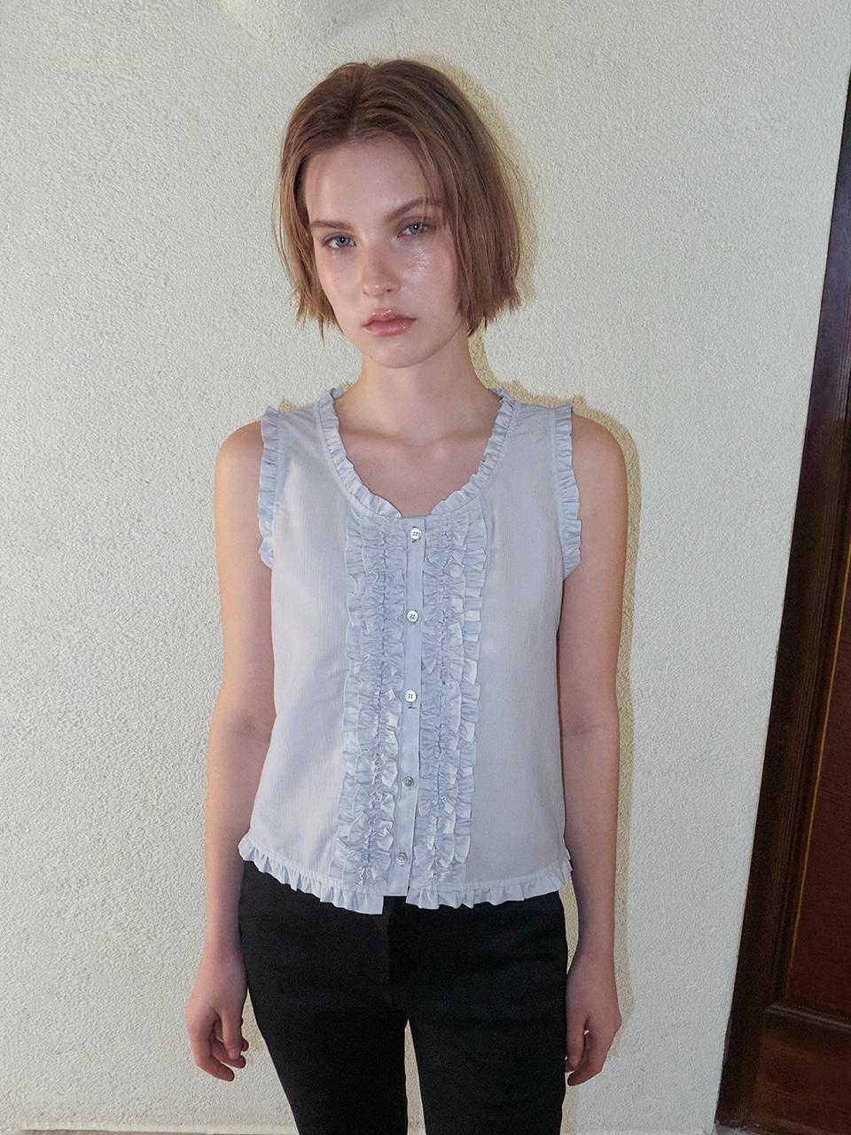 Double Frill Sleeveless Blouse, Blue Grey
