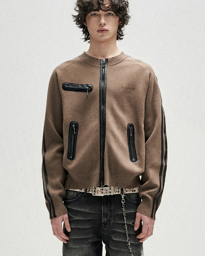 Distressed Side Trim Knit Zip Up - Brown