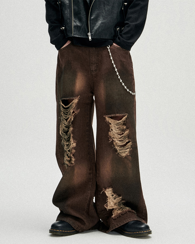 Distressed Oil Washed Wide Denim Pants - Brown
