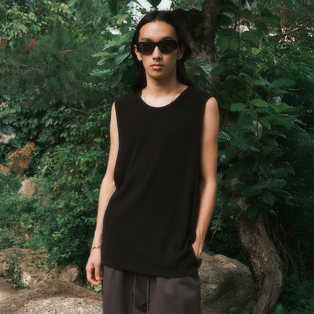 [BU25STS09-BK] Loose Fit Ribbed Sleeveless (Black)