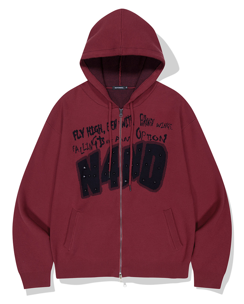 Broken Wings Knit Hood Zip Up - Red